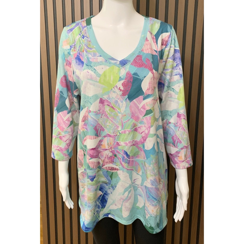 Soft Surroundings Tunic Top Womens Large L Blue Pink Floral V-Neck 3/4 Sleeve